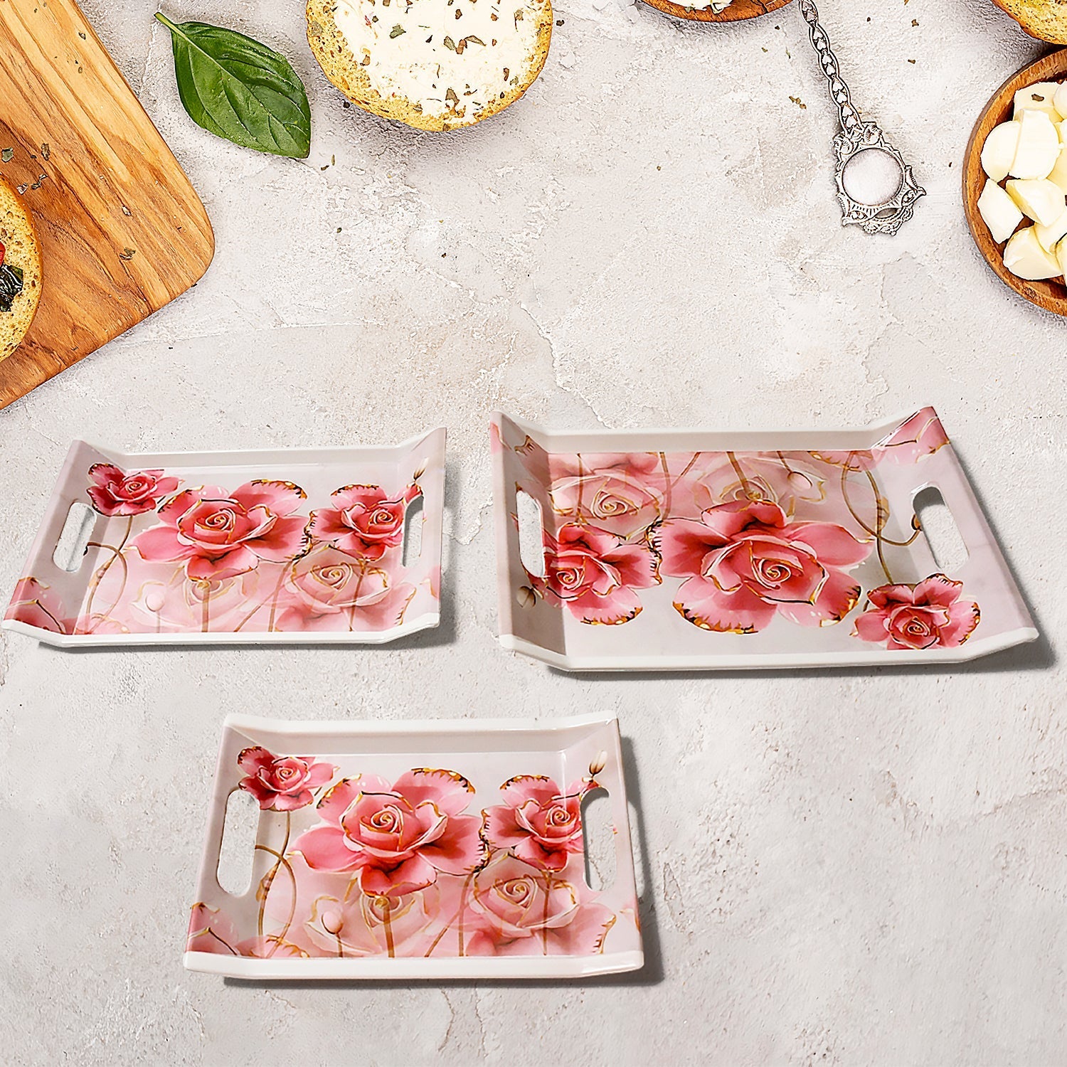 Plastic Rectangular Shape Flower Printed Design Serving Tray 3 pcs Home and Kitchen Use (3 pcs set) Your Brand