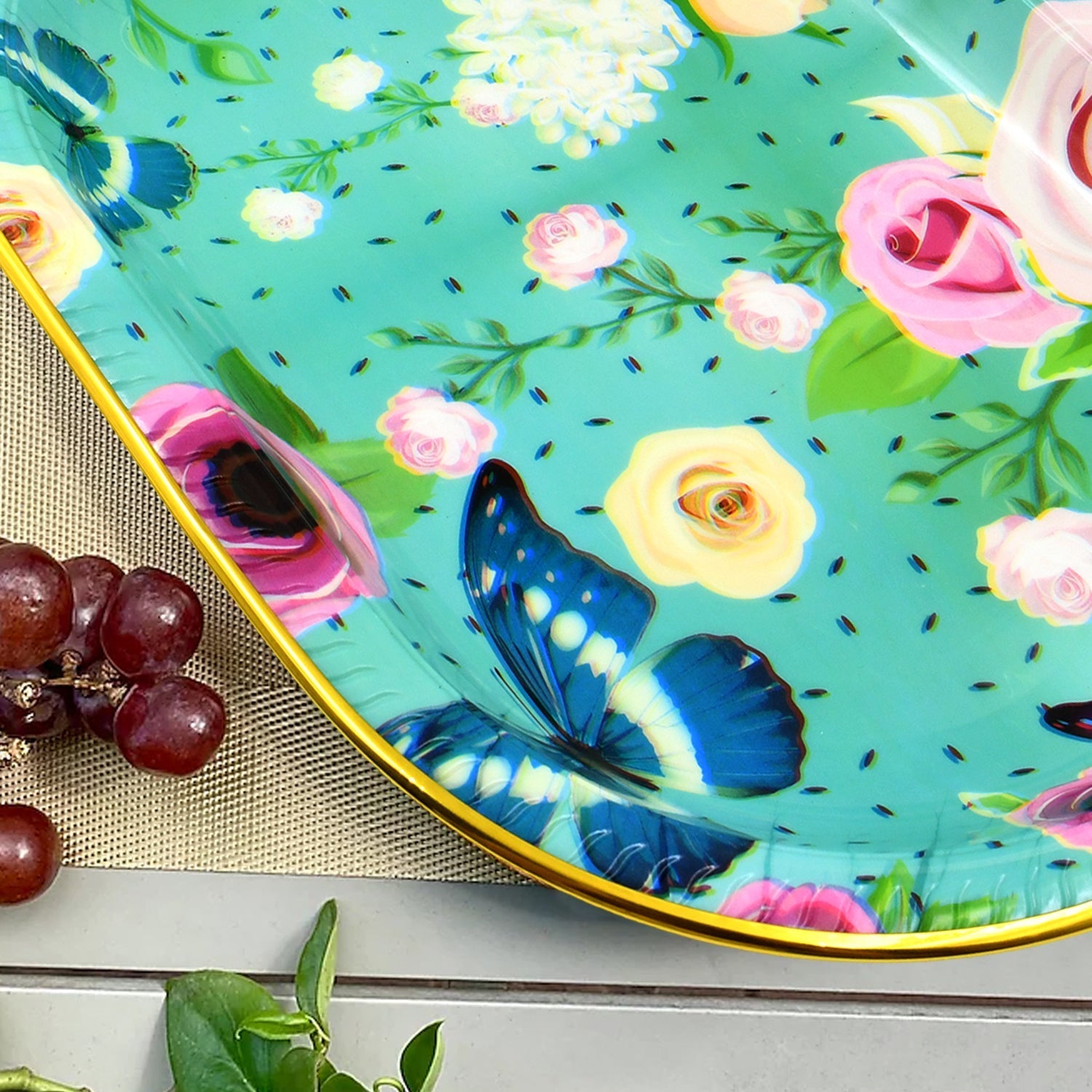 Big Plastic Flower Printed Design Serving Tray (1 Pc / 35 x 24 CM / Mix Color) Your Brand