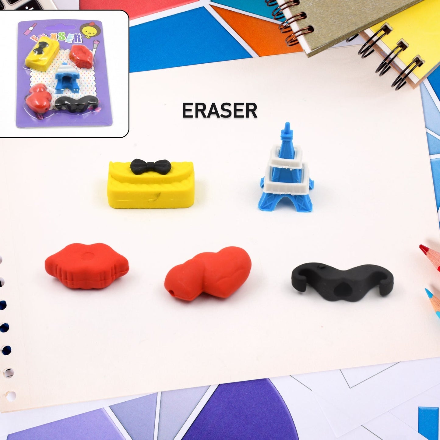 Mix Design 1 Set Fancy & Stylish Colorful Erasers for Children Different Designs & Mix, Eraser Set for Return Gift, Birthday Party, School Prize (1 Set) Your Brand