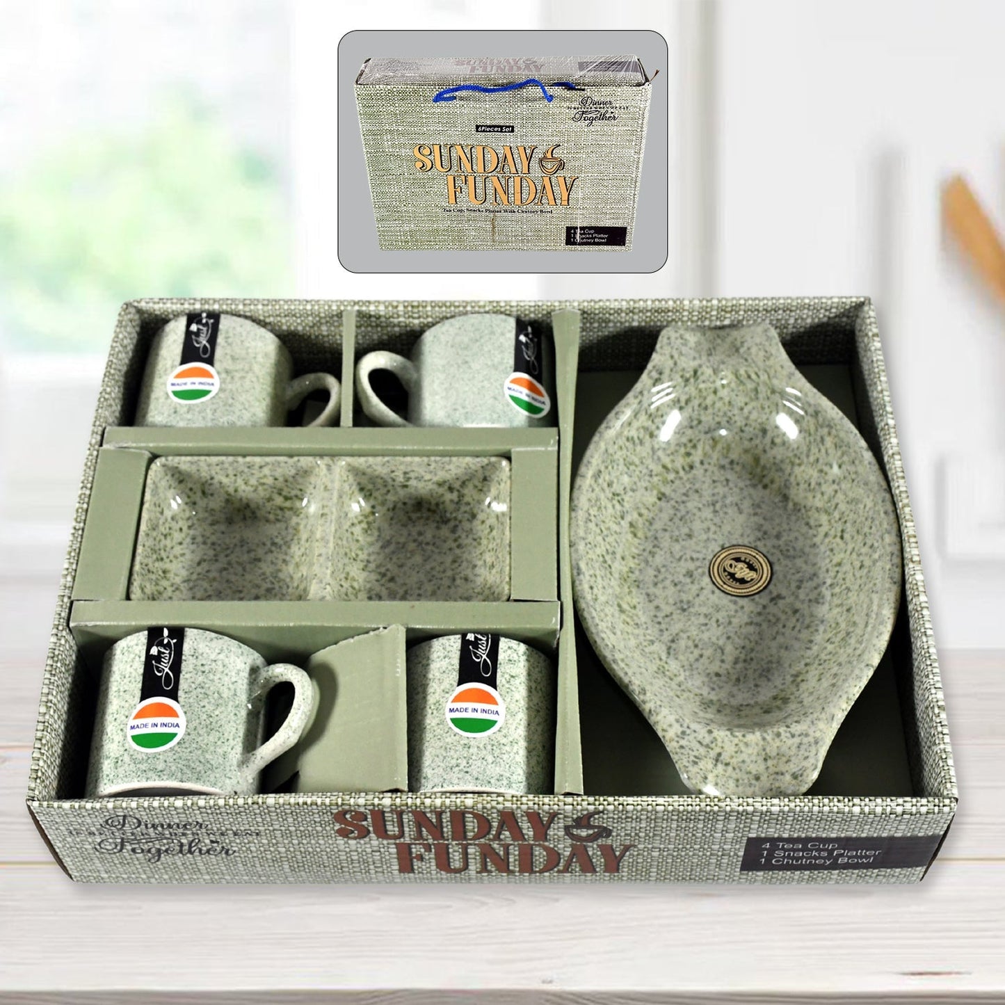 Sunday Funday Ceramic Tea / cups / Mug With Plastic Snacks Platter and 2 compartment Chutney Bowl Milk Cup, Coffee Cup, Breakfast Cup, Drinking Mug or Outdoor for Household, Gift for Birthday, Wedding Party (6 Pcs set) Your Brand