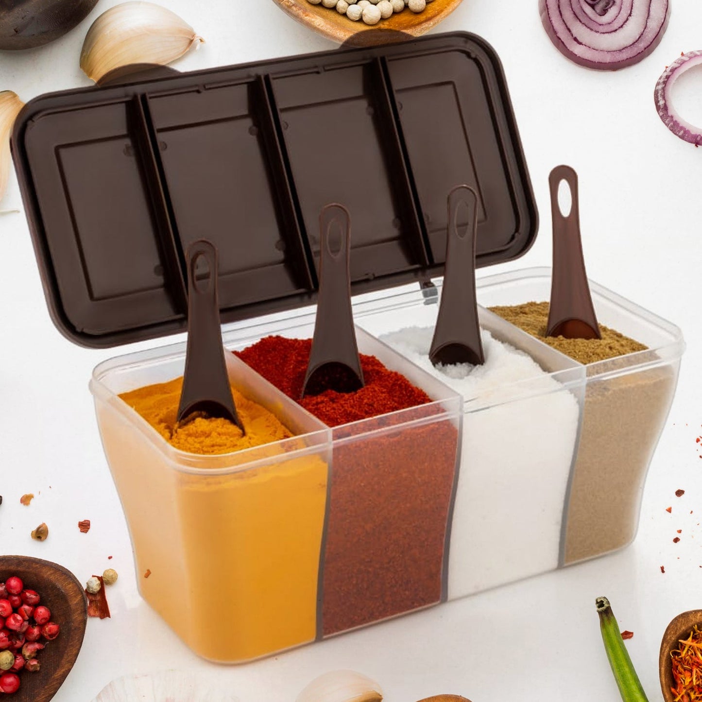 Kitchen Airtight 4-Section Storage Container / Pickle Jar 4 Spoons (1 Pc / Mix Color)