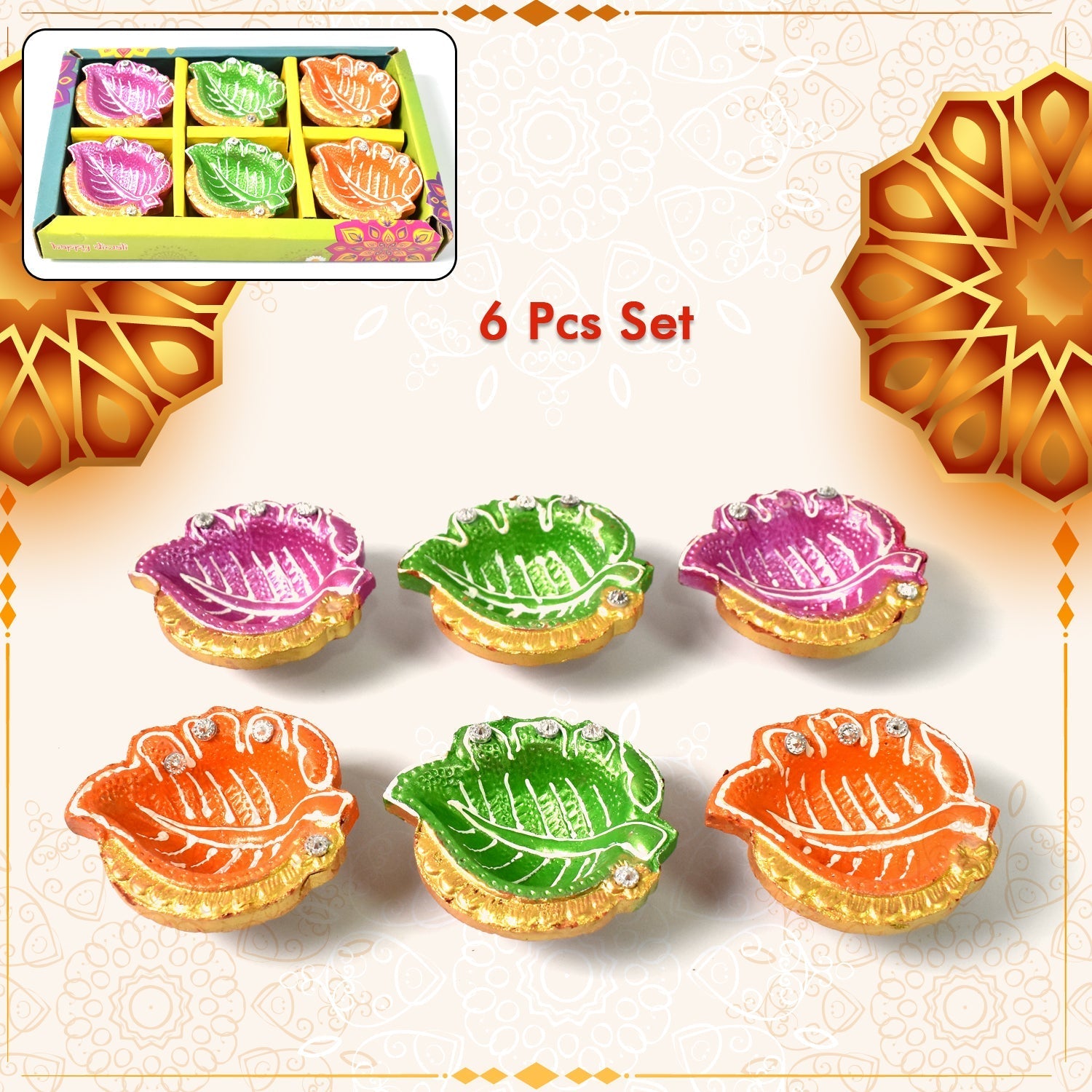 Decorative Hand Painted Clay Puja Diya for Diwali Home Indoor Outdoor Handmade Diya (6 Pcs Set/ Mix Design) Your Brand