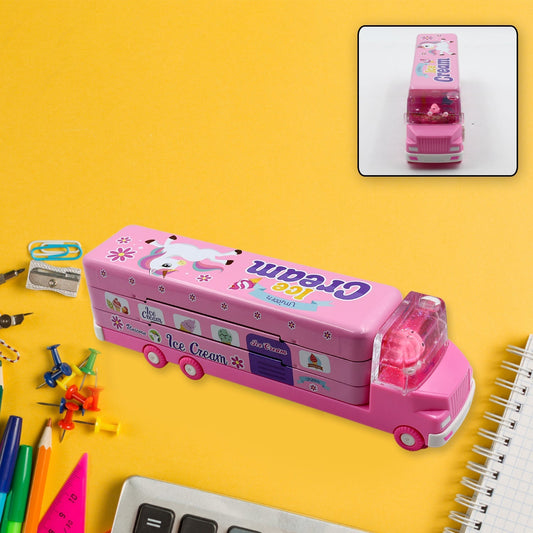 Double Decker Magic Truck Compass Multi Level Metal Truck Compass Pencil Case with Movable Wheels & Sharpener (Mix Design) Your Brand