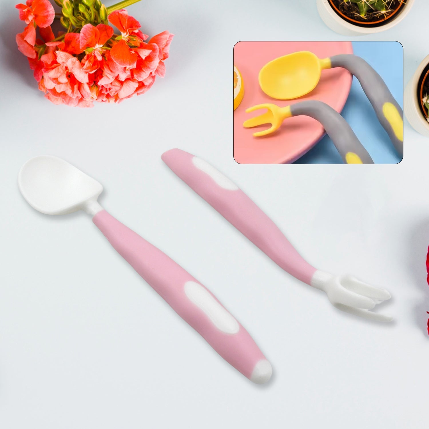 Silicone Bendable Kids Feeding Spoons And Forks, Toddler Utensils with Travel case, Baby Spoon and Fork Set for self-Feeding Learning Bendable Handle for Kid Children Toddlers (2 Pc Set) Your Brand