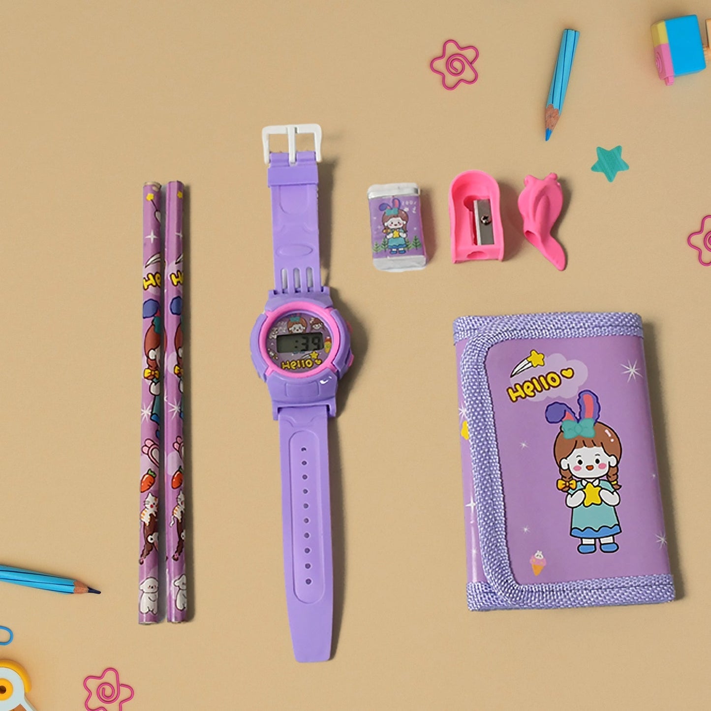 Stationery Set for Girls and Boys | Kids Return Gift - 7 In 1 School Items For Kids-Pencils, Eraser, Sharpener, Pouch, Pencil Extender | Birthday Gift Idea Stationary Kit Set for School Kids (Pack of 7 Pcs Set) Your Brand