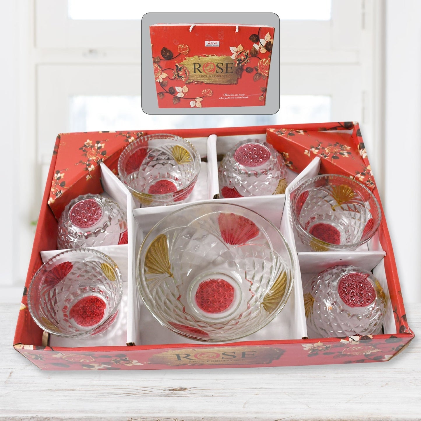 Rose glass Multipurpose Pudding / Dessert / Ice Cream Bowl Set for Home use, Home & Kitchen Serving Bowl for Sundae, Sweets, Snacks, Fruit, Pudding, Nuts or Dip, Serving Bowls 6 Medium & 1 Big Bowl (Set of 7 pc) Your Brand