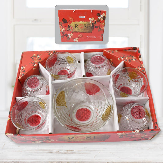 Rose glass Multipurpose Pudding / Dessert / Ice Cream Bowl Set for Home use, Home & Kitchen Serving Bowl for Sundae, Sweets, Snacks, Fruit, Pudding, Nuts or Dip, Serving Bowls 6 Medium & 1 Big Bowl (Set of 7 pc) Your Brand