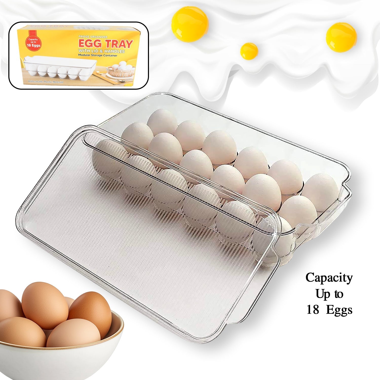 Plastic 18 Cavity Egg Storage Box Or Egg Trays For Refrigerator With Lid & Handles High Quality, Rectangular Egg Tray Box For 18 Egg (1 Pc) Your Brand