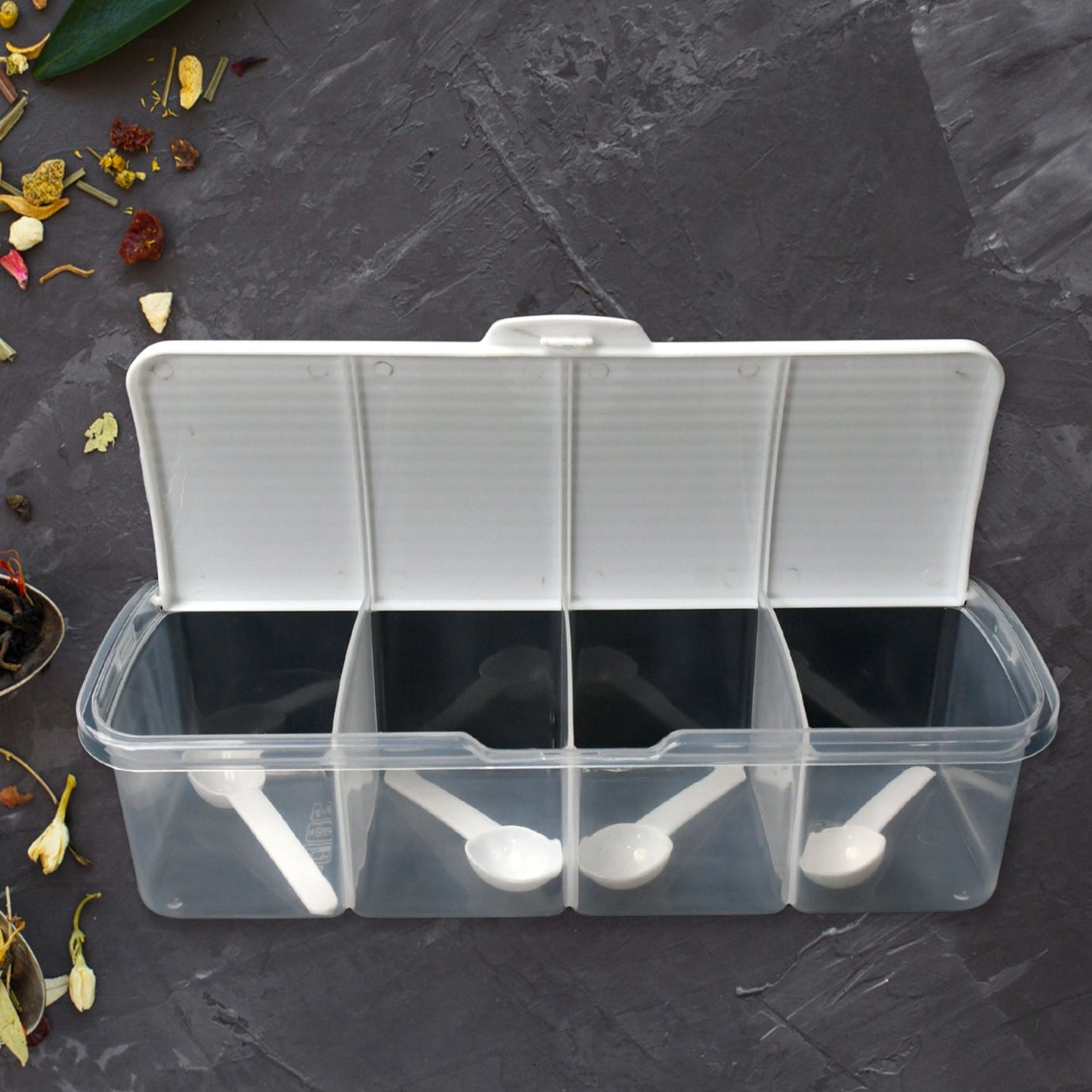 Kitchen Multipurpose Air-tight 4 Sections Storage Containers / Masala Box Pickle (Achar) Jar with 4 spoon for each section (1 Pc / Mix Color) Your Brand