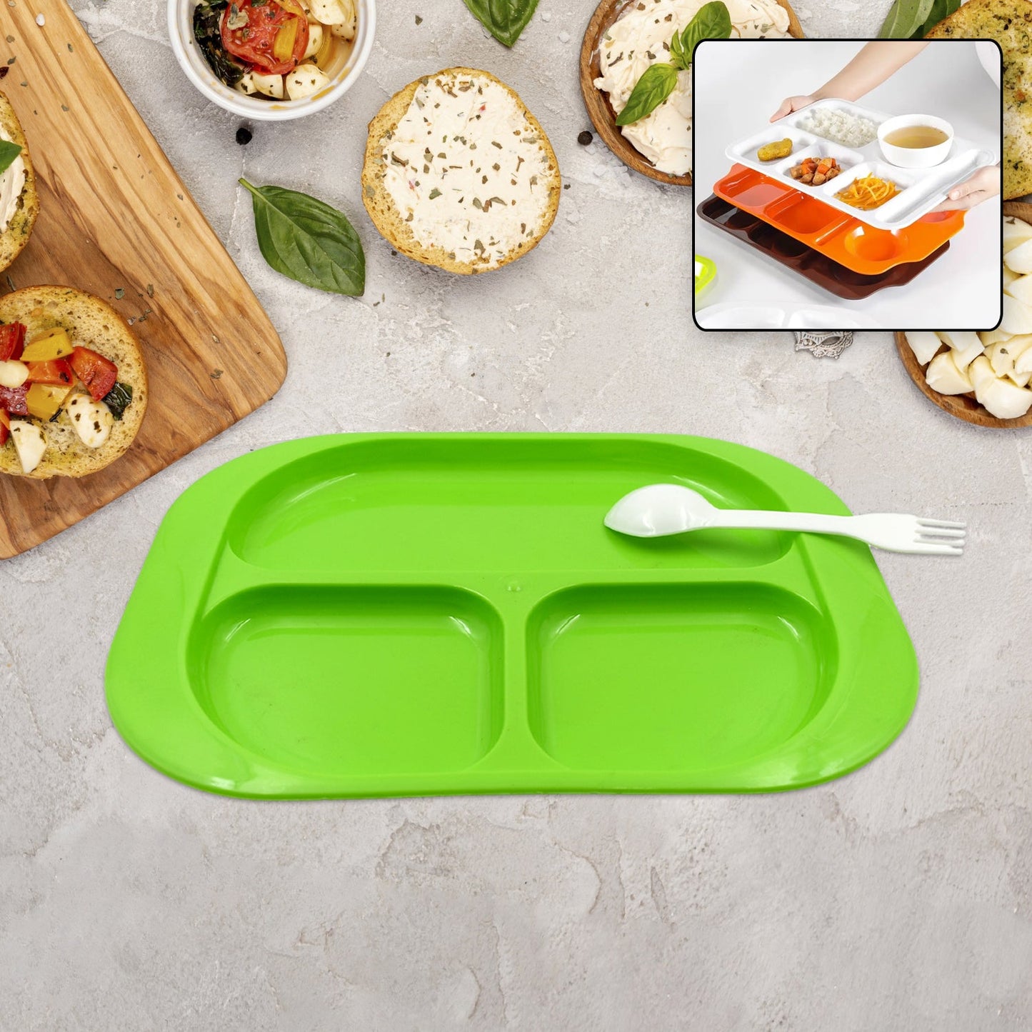 Biodegradable 3-Compartment Plastic Food Plate with Spoon for Snacks (1 Pc)