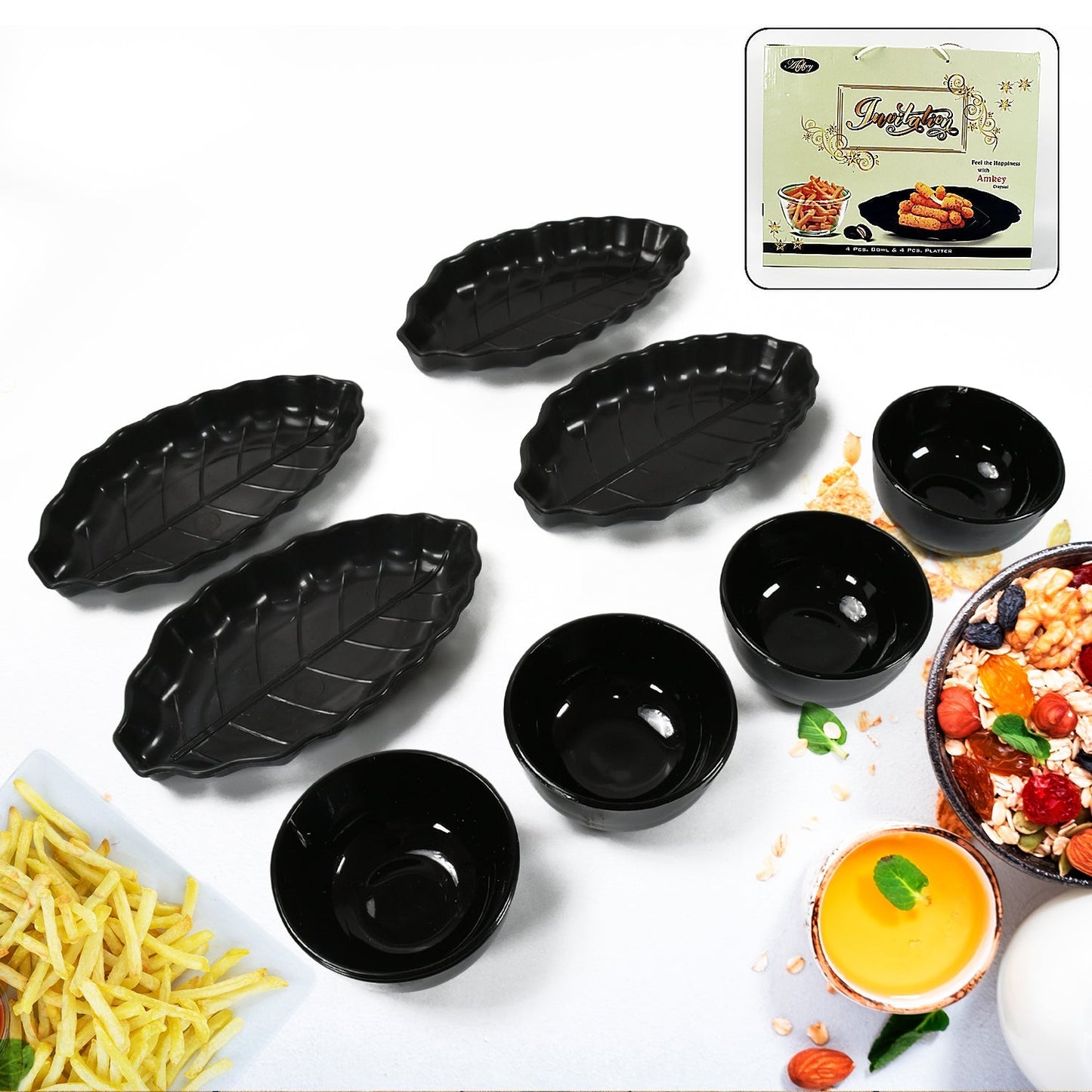 Invitation Round Ceramic Snacks Bowl With Plastic Leaf shape Serving platter Portable, Lightweight Breakfast, Serving Bowl | Ideal for Rice, Pasta, Desserts Home & Kitchen Serving Bowl & platter (8 Pcs set) Your Brand