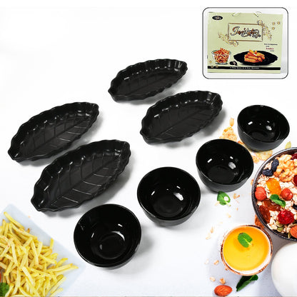 Invitation Round Ceramic Snacks Bowl With Plastic Leaf shape Serving platter Portable, Lightweight Breakfast, Serving Bowl | Ideal for Rice, Pasta, Desserts Home & Kitchen Serving Bowl & platter (8 Pcs set) Your Brand