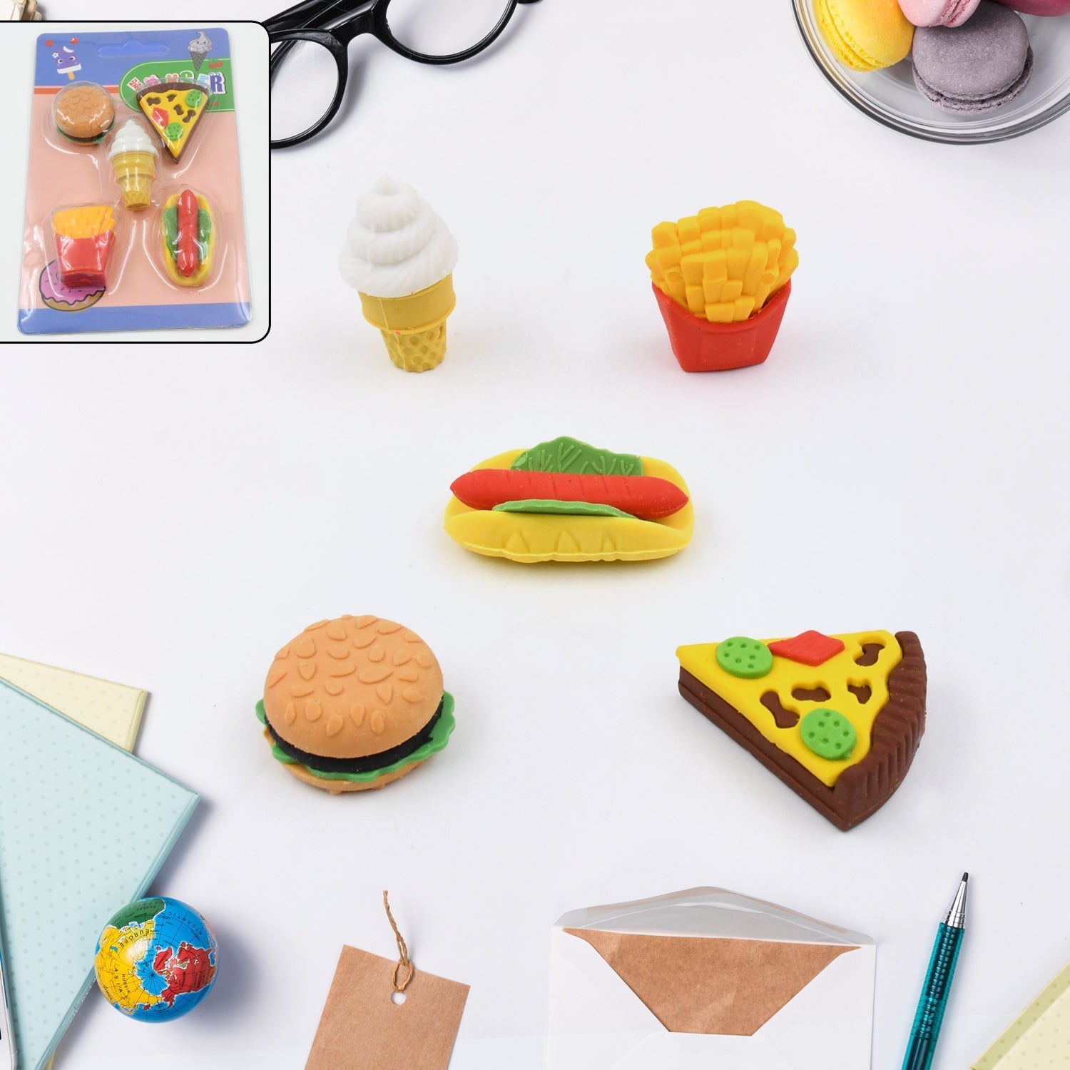 3D Food Fancy & Stylish Colorful Erasers, Mini Eraser Creative Cute Novelty Eraser for Children Different Designs Eraser Set for Return Gift, Birthday Party, School Prize (1 Set / Mix Design & Color) Your Brand