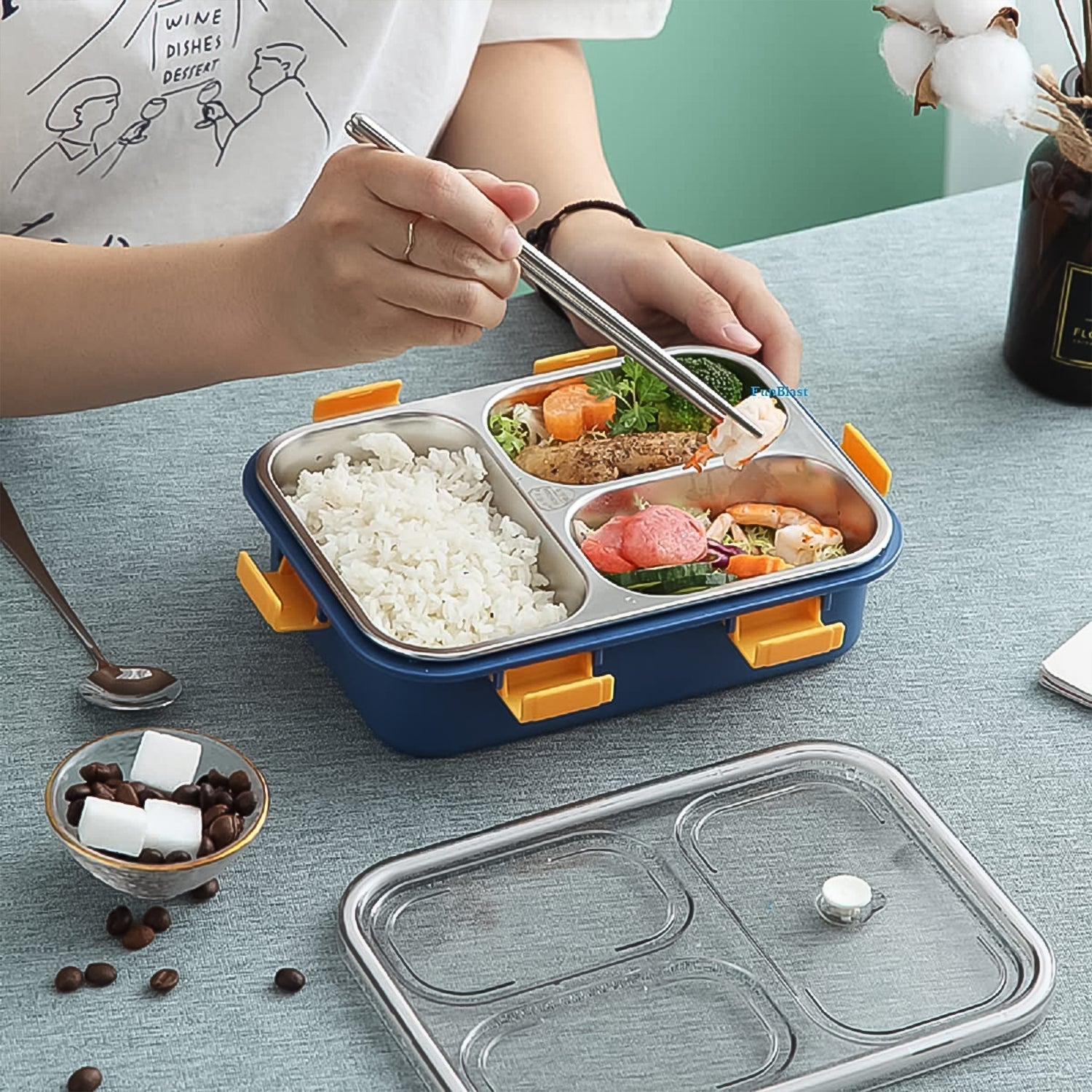 3 Compartment Transparent Stainless Steel Lunch Box with a Spoon and a Pair of Chopsticks (1 Set) Your Brand