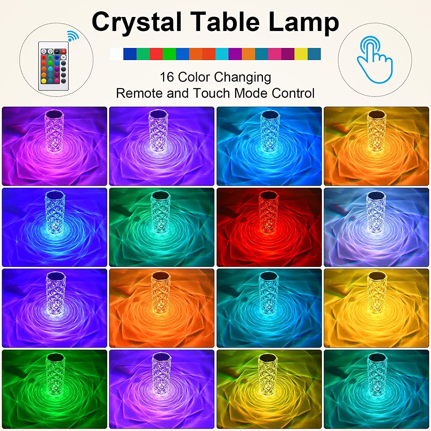 Crystal Touch Night Light (16 Colors) - Rose Diamond Table Lamp with Remote Control, USB Table Lamp, Romantic Date Lighting Decor for Festival, Bedroom, Dining Room Your Brand