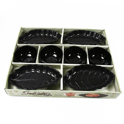 Invitation Round Ceramic Snacks Bowl With Plastic Leaf shape Serving platter Portable, Lightweight Breakfast, Serving Bowl | Ideal for Rice, Pasta, Desserts Home & Kitchen Serving Bowl & platter (8 Pcs set) Your Brand