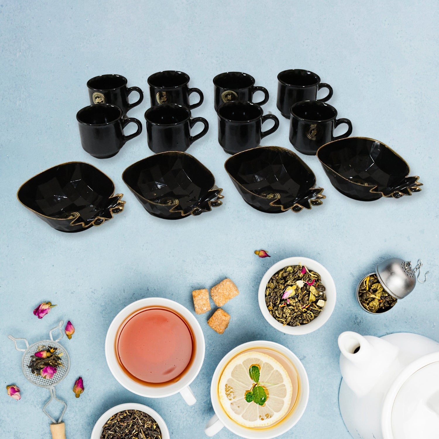 Pine Junction Ceramic Tea / cups / Mug Set With Pineapple Shape Serving Bowl  (12 Pcs set) Your Brand
