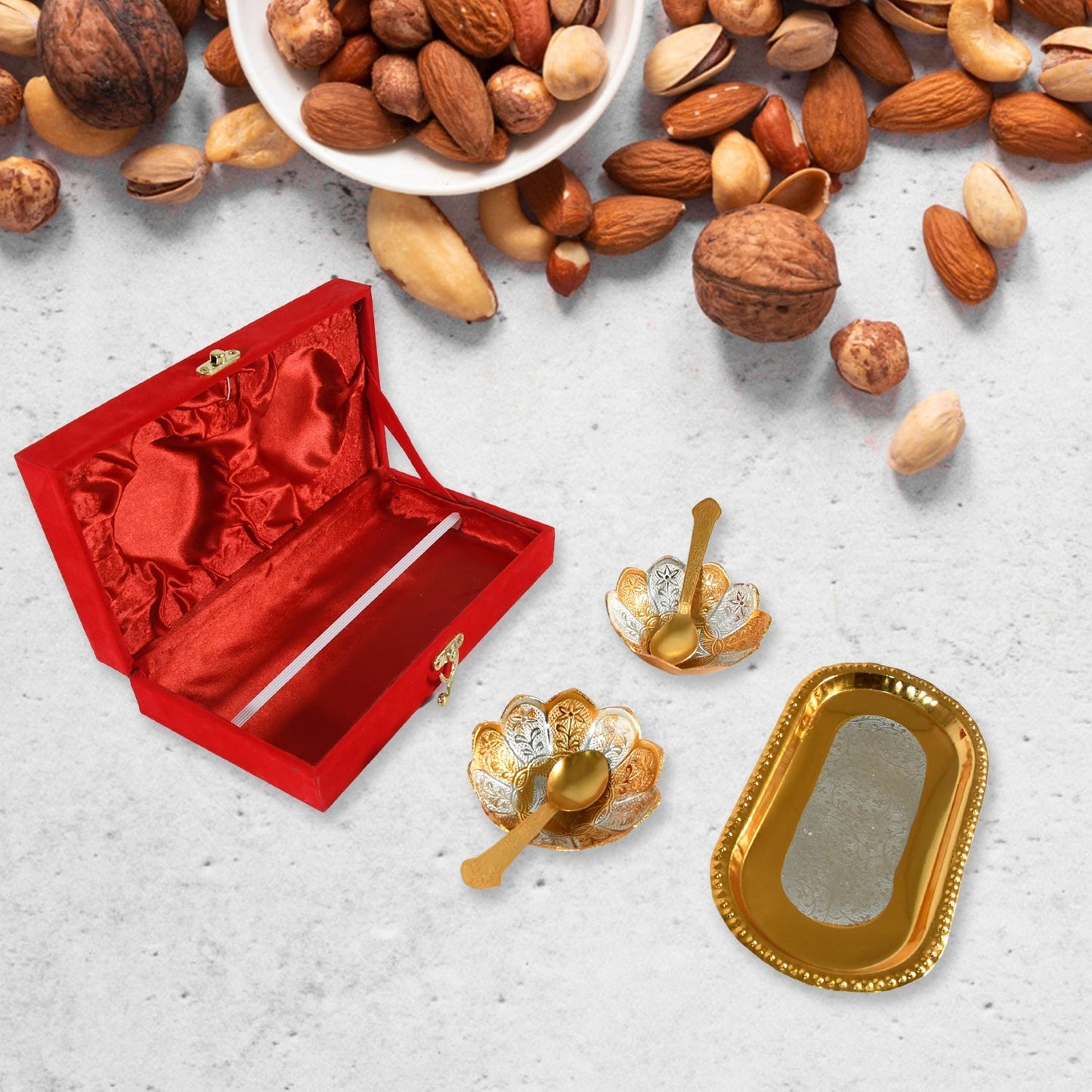5in1 Gold Silver Plated 2 Bowl 2 Spoon Tray Set Brass with Red Velvet Gift Box Serving Dry Fruits Desserts Gift Your Brand