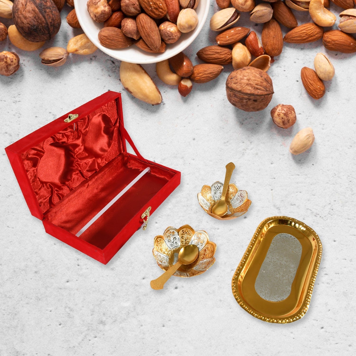 5in1 Gold Silver Plated 2 Bowl 2 Spoon Tray Set Brass with Red Velvet Gift Box Serving Dry Fruits Desserts Gift Your Brand