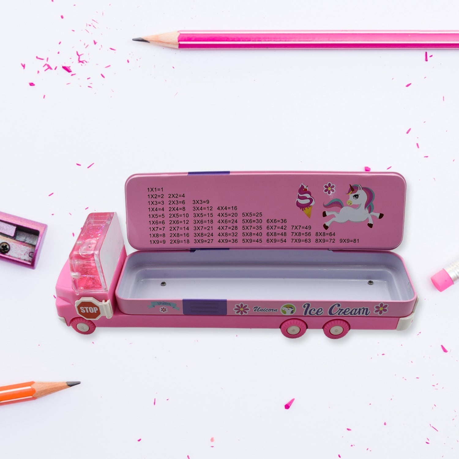 Double Decker Magic Truck Compass Multi Level Metal Truck Compass Pencil Case with Movable Wheels & Sharpener (Mix Design) Your Brand