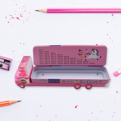 Double Decker Magic Truck Compass Multi Level Metal Truck Compass Pencil Case with Movable Wheels & Sharpener (Mix Design) Your Brand