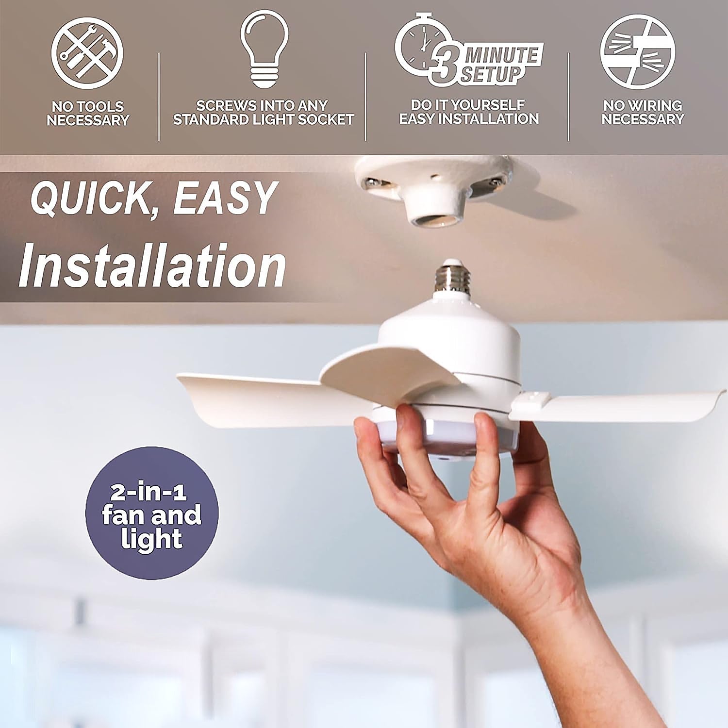 Socket Fan Light Original - Cool Light LED – Ceiling Fans with Lights and Remote Control, Replacement for Lightbulb - Bedroom, Kitchen, Living Room,1000 Lumens / 5000 Kelvins Cool LEDs (Remote Battery Not Included) Your Brand
