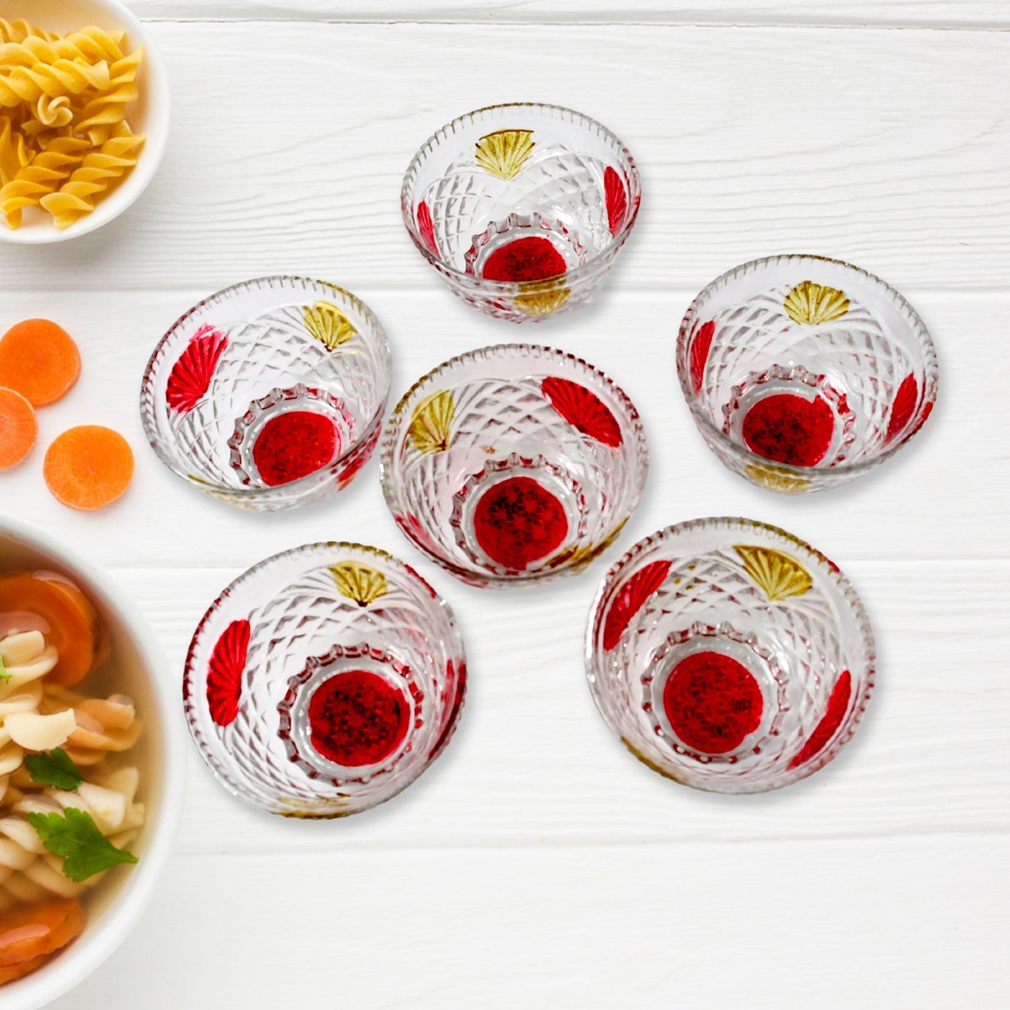 Rose glass Multipurpose Pudding / Dessert / Ice Cream Bowl Set for Home use, Home & Kitchen Serving Bowl for Sundae, Sweets, Snacks, Fruit, Pudding, Nuts or Dip, Serving Bowls 6 Medium & 1 Big Bowl (Set of 7 pc) Your Brand