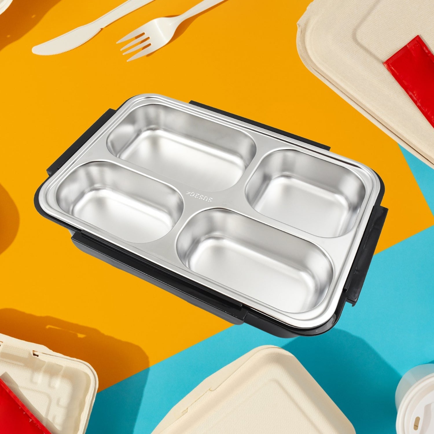 4 Compartment Insulated Lunch Box Stainless Steel |Tiffin Box for Boys, Girls, School & Office Men for Microwave & Dishwasher & Freezer Safe Adult Children Food Container (1 Pc) Your Brand