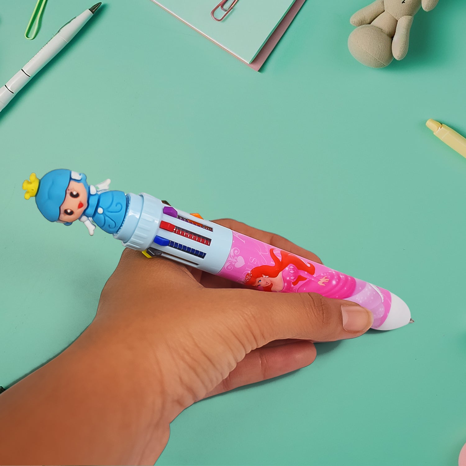 Kids 10-in-1 Color Pens Ballpoint Pen Set for Kids Cartoon Head Writing Pen for School Office Stationary Kit, Teddy Bear (1 Pc) Your Brand