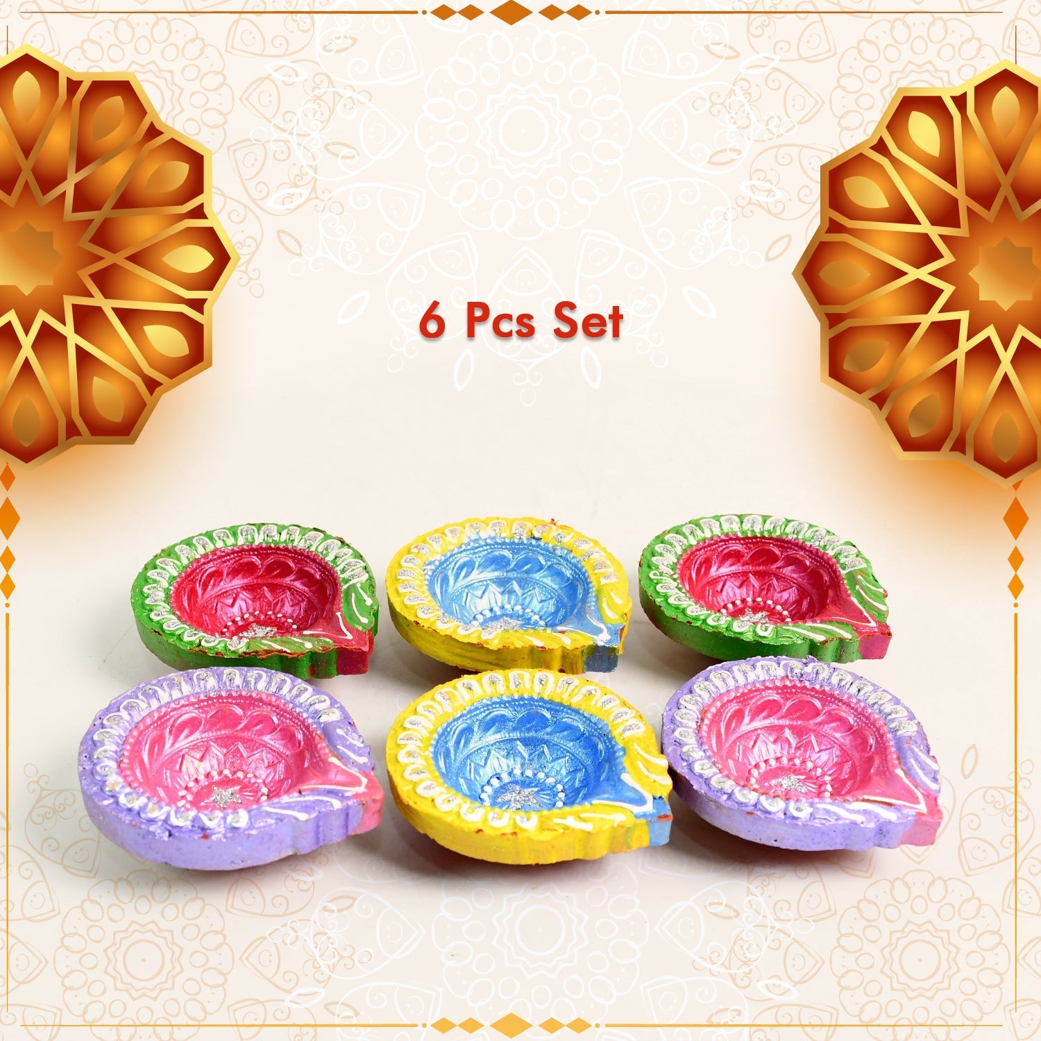 Decorative Hand Painted Clay Puja Diya for Diwali Home Indoor Outdoor Handmade Diya (6 Pcs Set/ Mix Design) Your Brand