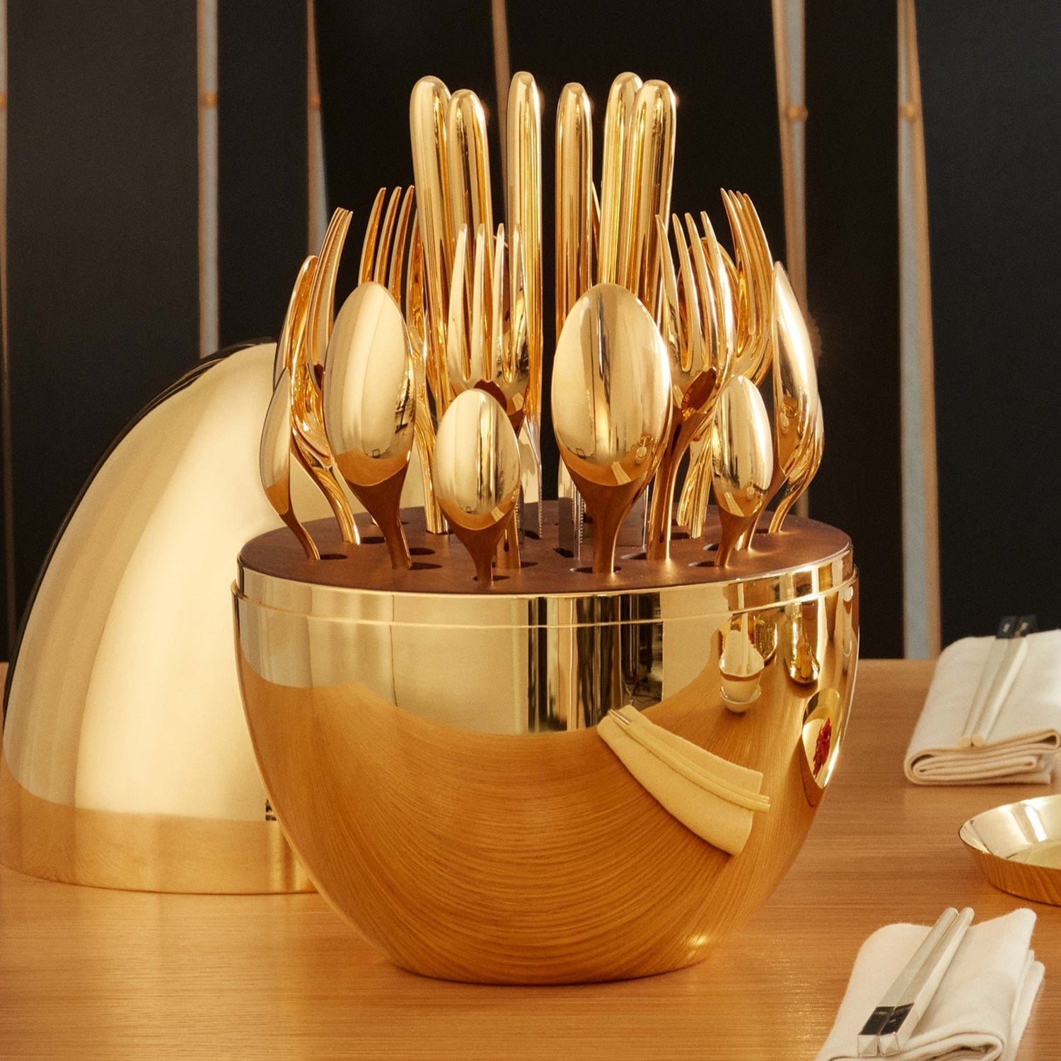 Premium Cutlery Set 24 Pcs with Oval Shaped Stand | Beautiful Stylish Oval Designed Cutlery Sets, Egg-Shaped Luxury Spoon Holder Set  (Golden / 24 pcs set) Your Brand