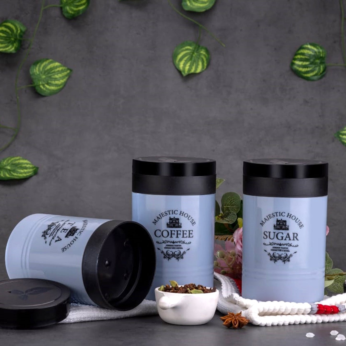 Accurate Seal Tea Sugar Coffee Container - 3 Pcs Plastic Damru Shaped Tea, Coffee, Sugar Canisters Jar, New Airtight Food Seal Containers for Salt, Dry Fruit, Grocery Multicolor (3 Pcs Set) Your Brand