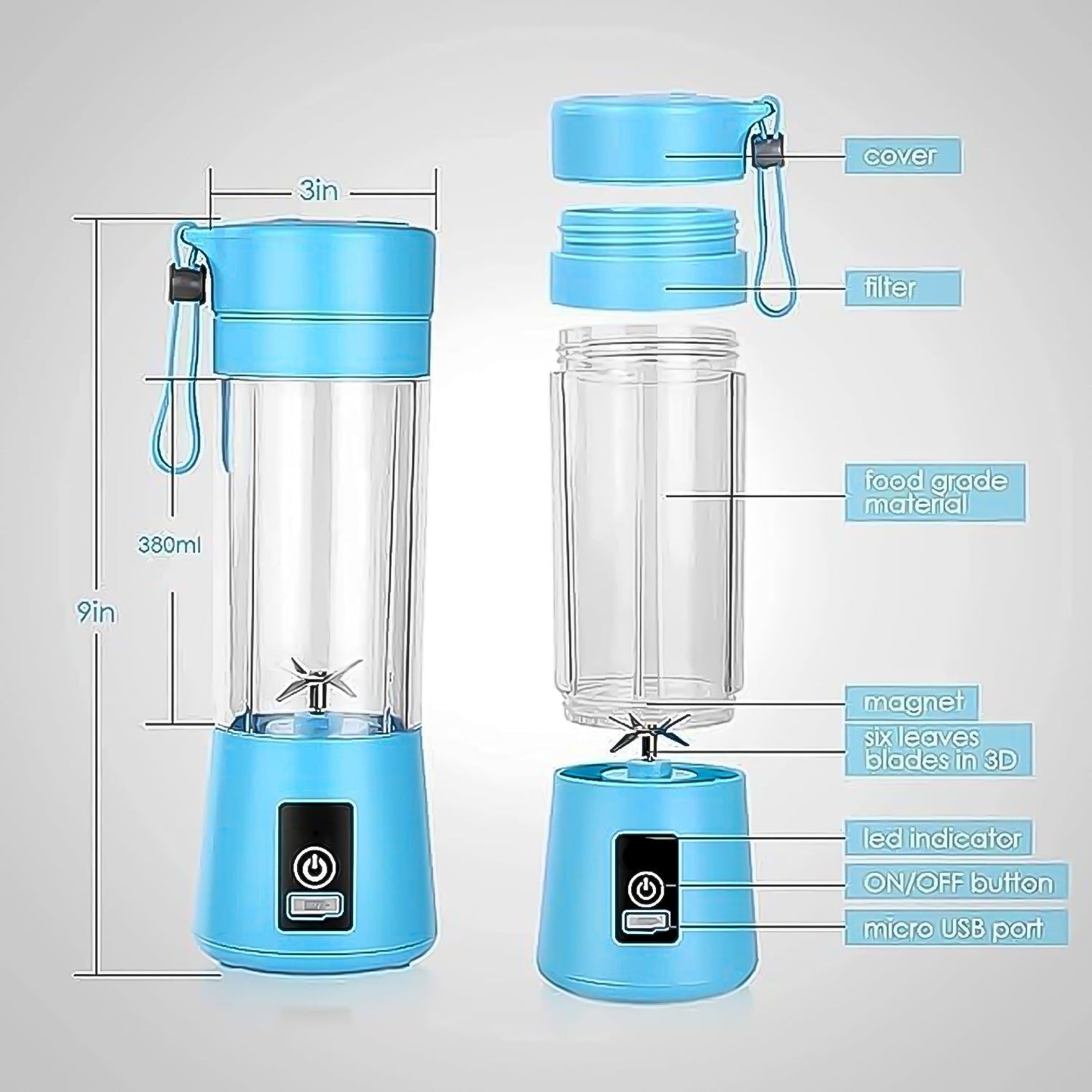 Portable Electric USB Juice Maker Juicer Bottle Blender, Grinder Mixer, 4 Blades Rechargeable Bottle (380 ML / Mix Color) Your Brand