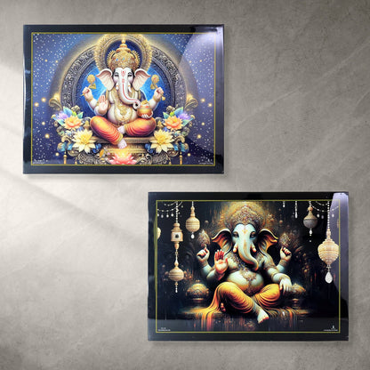 Divine Lord Ganesha Wall Painting Wooden Frame Mix Design, 60x45 Cm Approx (1 Pc)