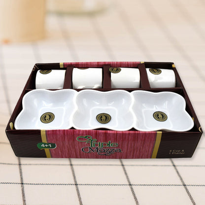 Triple Mazza Ceramic Tea / Cups Set Including 3 Compartment Plastic Serving Platter (4 Pcs Set) Your Brand