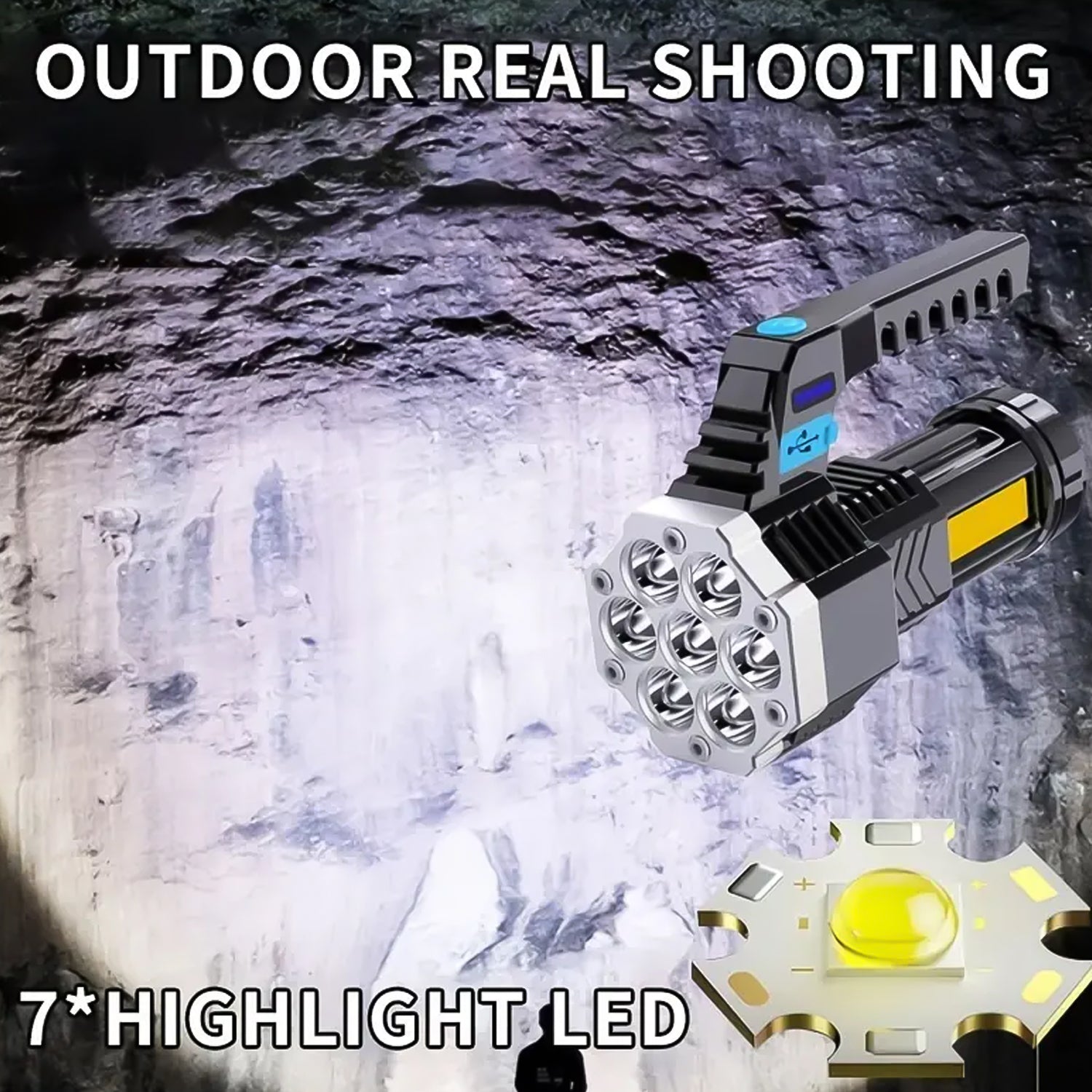 Portable Flashlight / Torch  COB 7LED Hand Light USB Rechargeable Light with Side Light (1 Pc) Your Brand