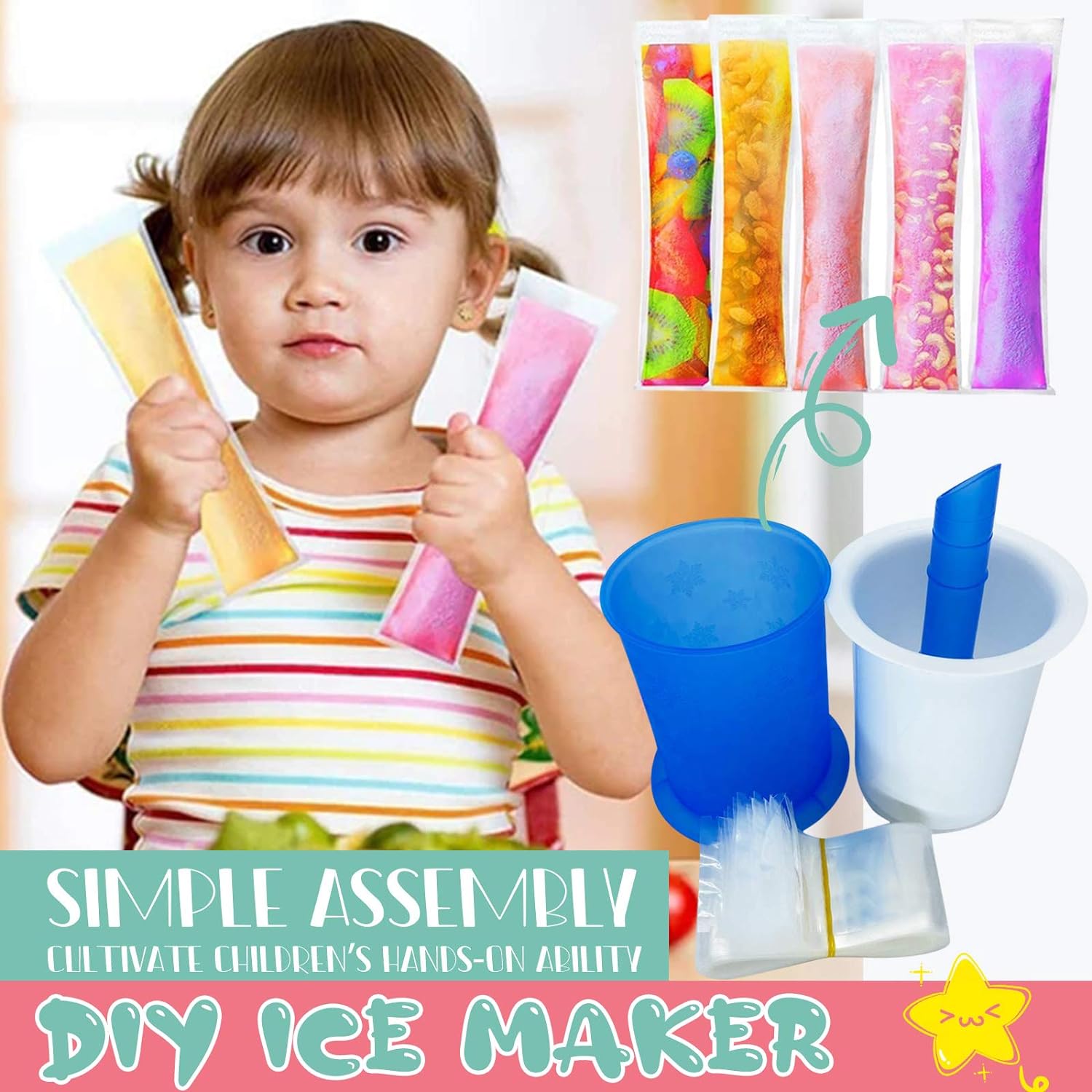 Homemade Popsicle Maker Manual Ice Cream Machine With Approx 20 Pcs Packing Bag Popsicle Mold Convenient Maker Manual Ice Cream Machine For Kids Adults DIY, Reusable Your Brand