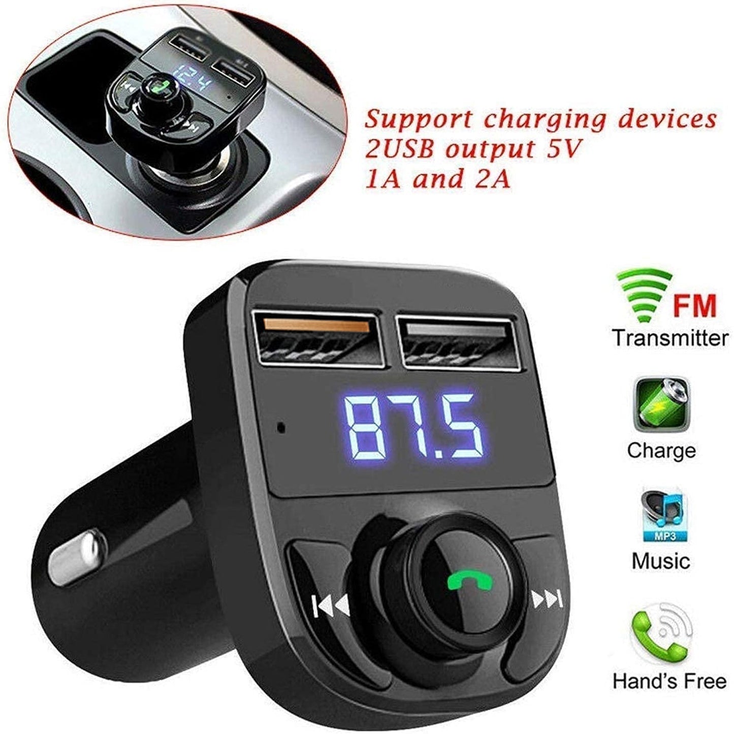 CAR-X8 Bluetooth FM Transmitter Kit for Hands-Free Call Receiver / Music Player / Call Receiver / Fast Mobile Charger Ports for All Smartphones with 3.1A Quick Charge Dual USB Car Charger Your Brand