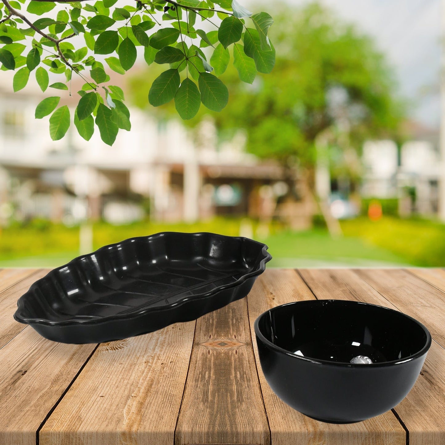 Invitation Round Ceramic Snacks Bowl With Plastic Leaf shape Serving platter Portable, Lightweight Breakfast, Serving Bowl | Ideal for Rice, Pasta, Desserts Home & Kitchen Serving Bowl & platter (8 Pcs set) Your Brand
