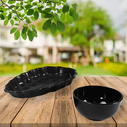 Invitation Round Ceramic Snacks Bowl With Plastic Leaf shape Serving platter Portable, Lightweight Breakfast, Serving Bowl | Ideal for Rice, Pasta, Desserts Home & Kitchen Serving Bowl & platter (8 Pcs set) Your Brand
