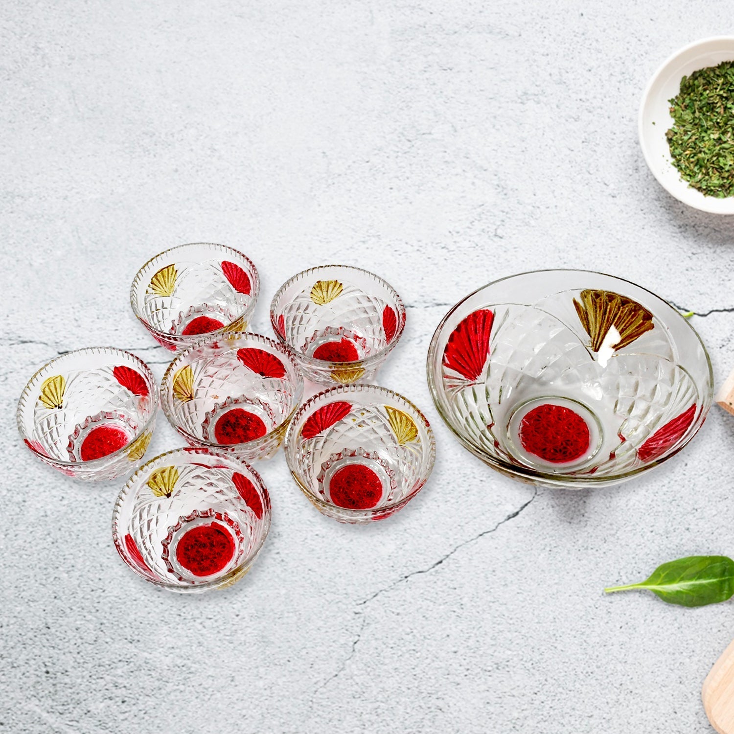 Rose glass Multipurpose Pudding / Dessert / Ice Cream Bowl Set for Home use, Home & Kitchen Serving Bowl for Sundae, Sweets, Snacks, Fruit, Pudding, Nuts or Dip, Serving Bowls 6 Medium & 1 Big Bowl (Set of 7 pc) Your Brand