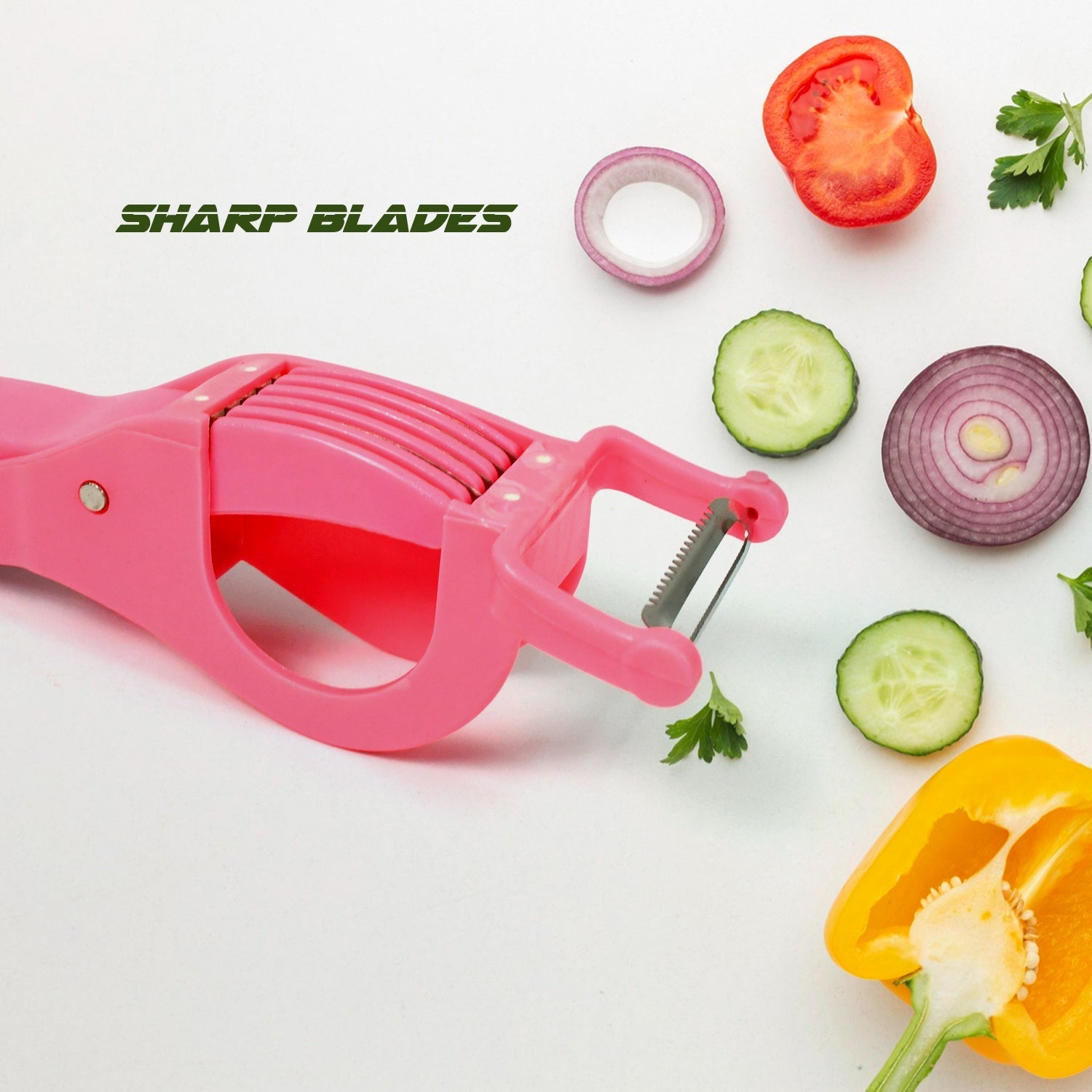 Plastic 2 in 1 Vegetable & Fruit Multi Cutter 5 Blade Vegetable Cutter with Peeler (1 Pc / Multicolor) Your Brand