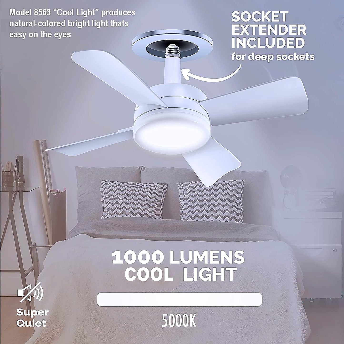 Socket Fan Light Original - Cool Light LED – Ceiling Fans with Lights and Remote Control, Replacement for Lightbulb - Bedroom, Kitchen, Living Room,1000 Lumens / 5000 Kelvins Cool LEDs (Remote Battery Not Included) Your Brand