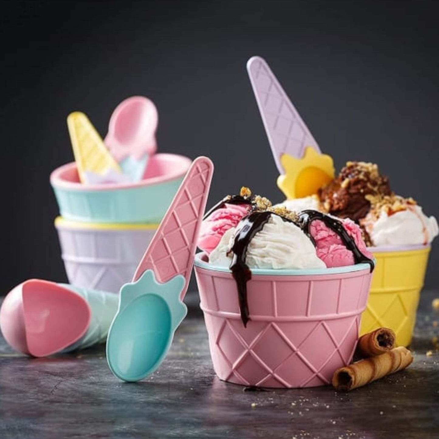 Ice-Cream Waffle Spoon Bowel Cup Set | Premium ice Cream Set | Ice-Cream Bowel with Spoon | 6 units Couple Bowl Set | Color Box Your Brand