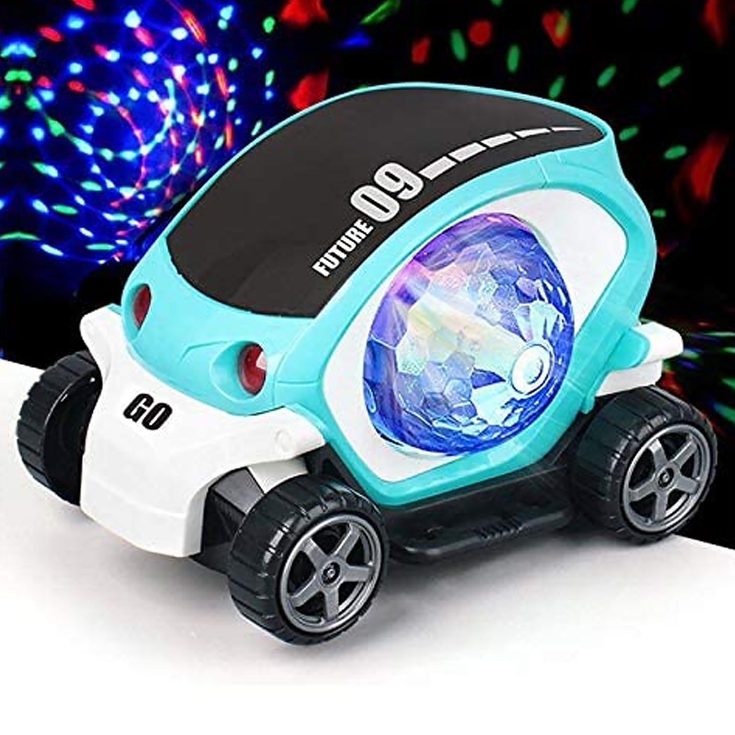 Plastic 360 Degree Rotating Stunt Car Toy for Kids - Bump and Go Action with 4D Lights and Music, Plastic Mini Car with Disco Ball (1 Pc / Battery Not Included) Your Brand