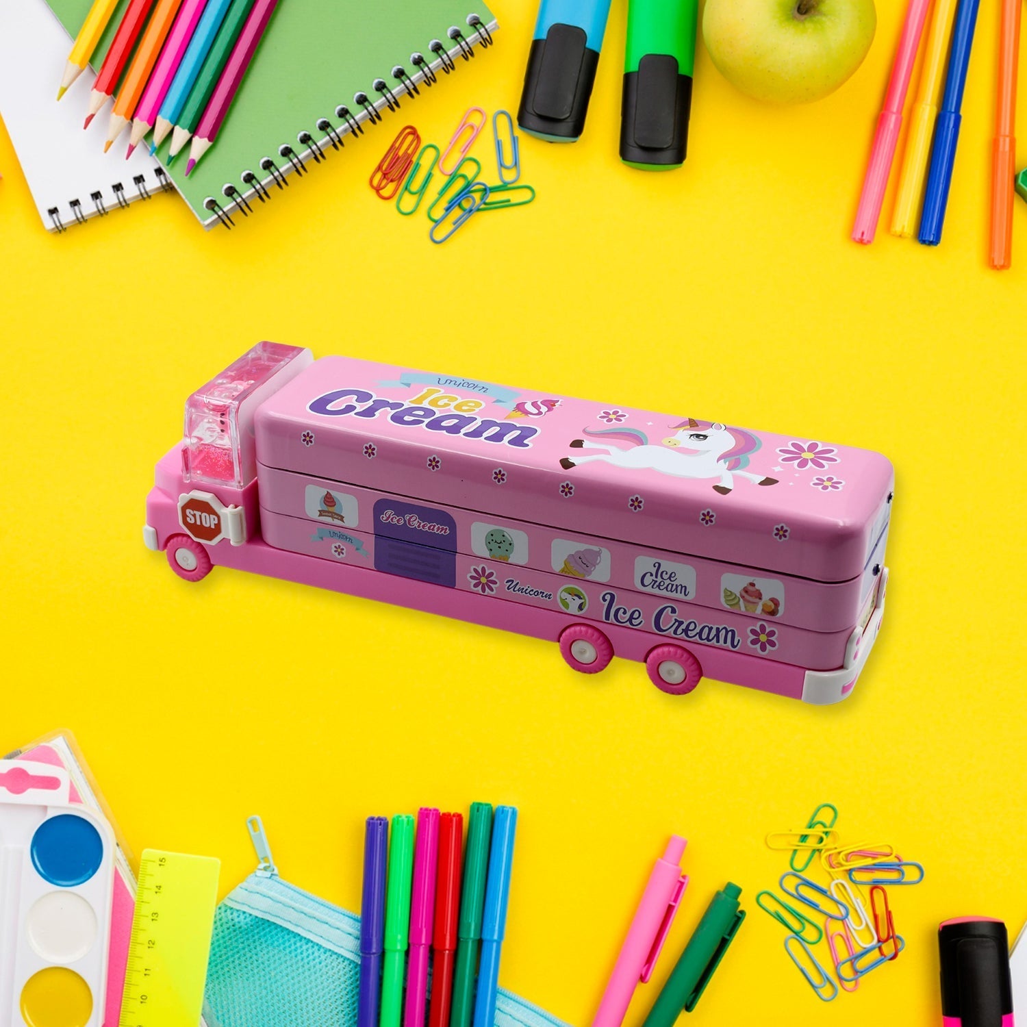 Double Decker Magic Truck Compass Multi Level Metal Truck Compass Pencil Case with Movable Wheels & Sharpener (Mix Design) Your Brand