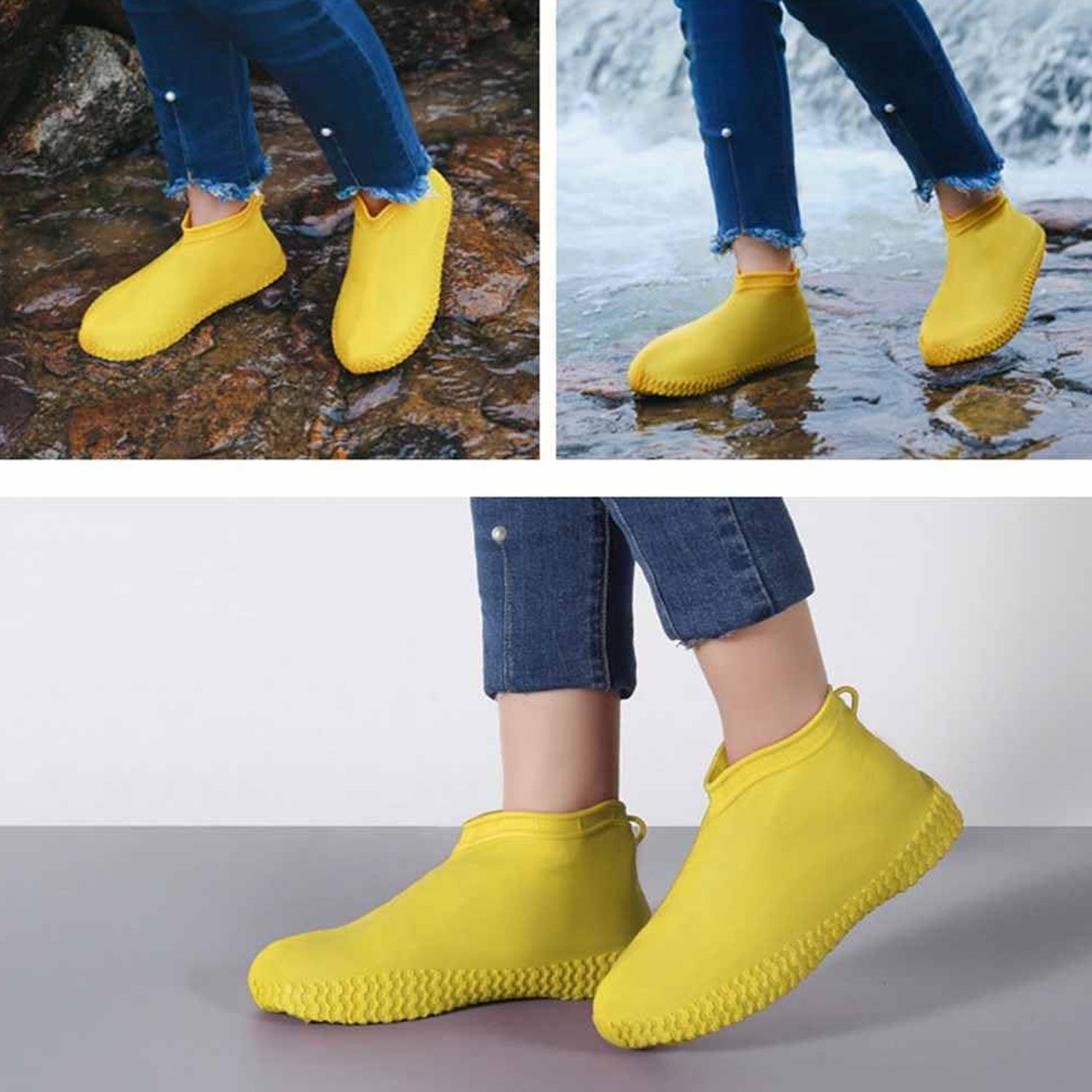 Non-Slip Silicone Rain Reusable Anti skid Waterproof Fordable Boot Shoe Cover (Extra Large Size (XL)/ 1 Pair / Yellow) Your Brand