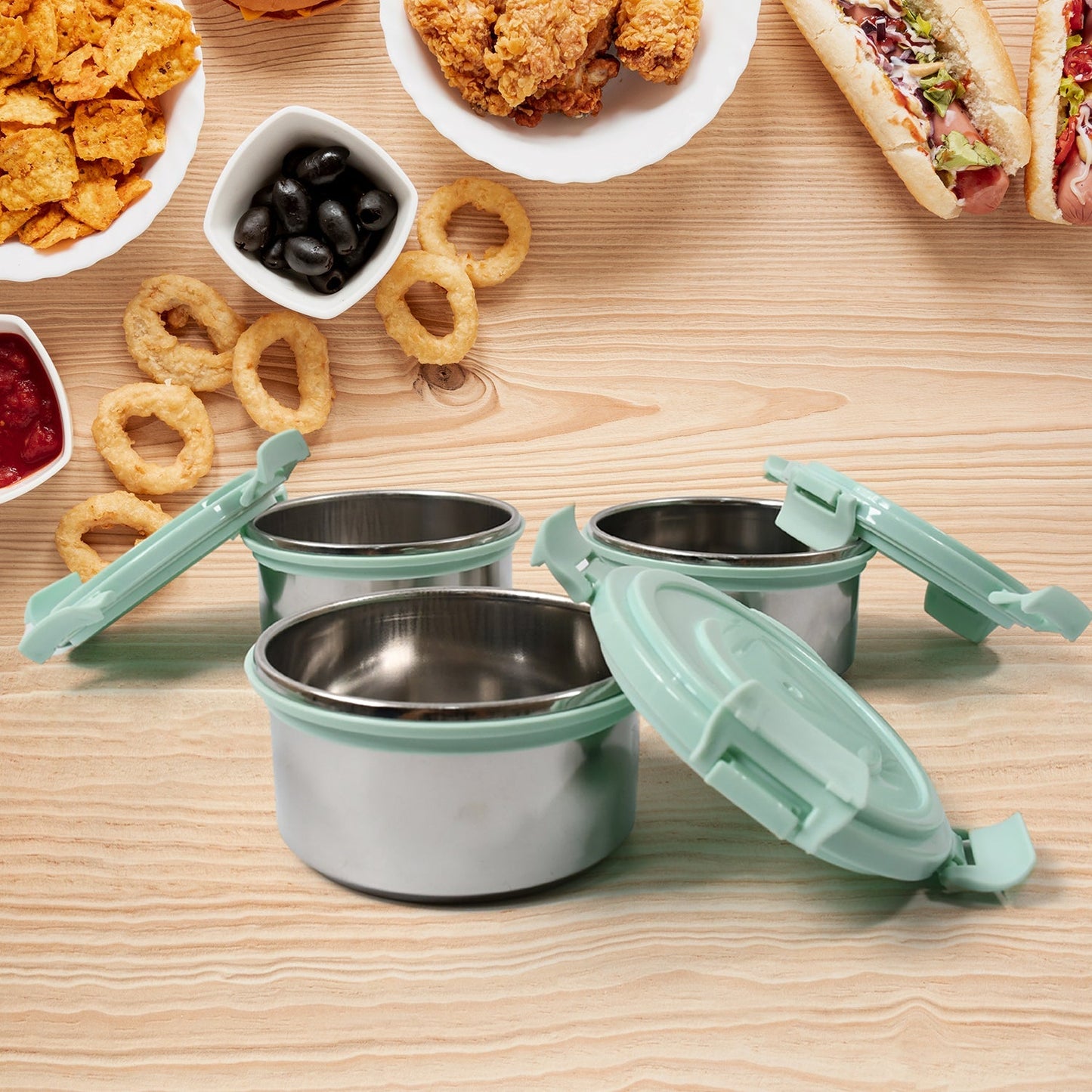 Ganesh 4In1 Tiffin Box-Lunch Box | 3 Stainless Steel Containers 300 Ml Approx & Plastic Salad Container 200 Ml Approx| Plastic lid Box | Round Zip Bag | Leak Proof | Microwave Safe for Office, College and School for Men, Women  Your Brand
