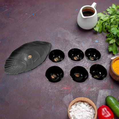 Hello Sweet Round Ceramic Snacks Bowl With Plastic Leaf shape Serving platter Portable, Lightweight Breakfast, Serving Bowl | Ideal for Rice, Pasta, Desserts Home & Kitchen Serving Bowl & platter (7 Pcs set) Your Brand