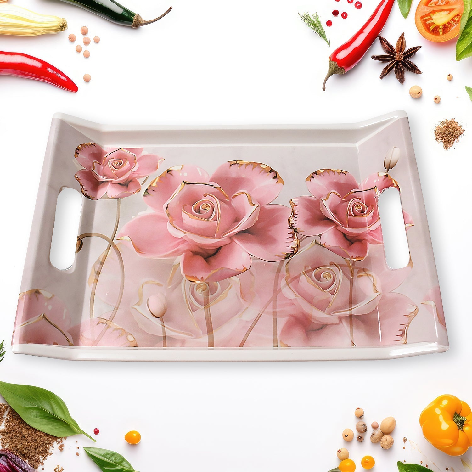Plastic Rectangular Shape Flower Printed Design Serving Tray 3 pcs Home and Kitchen Use (3 pcs set) Your Brand